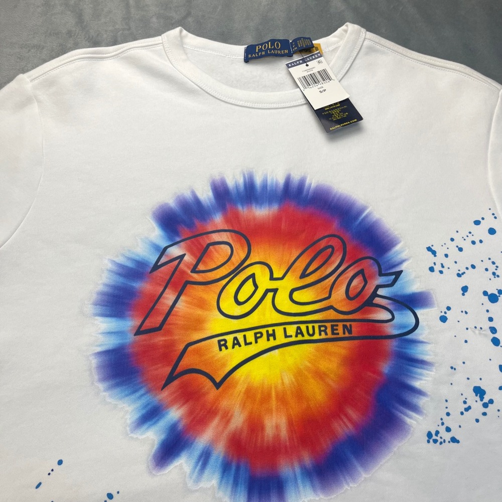 NWT Polo Ralph Lauren Tie Dye Logo Fleece Crewneck Sweatshirt Mens Small White‎ - Picture 3 of 9